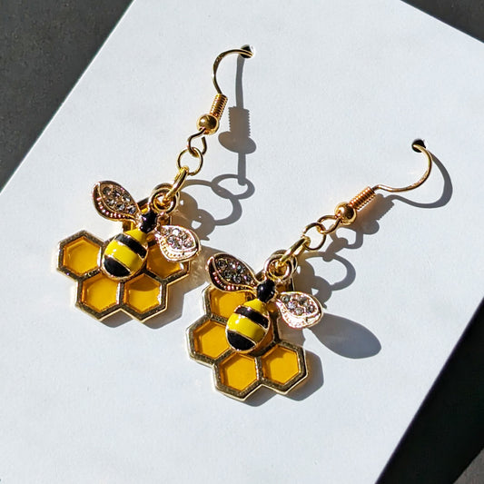 Bumble Bee Honeycomb Dangle Earrings