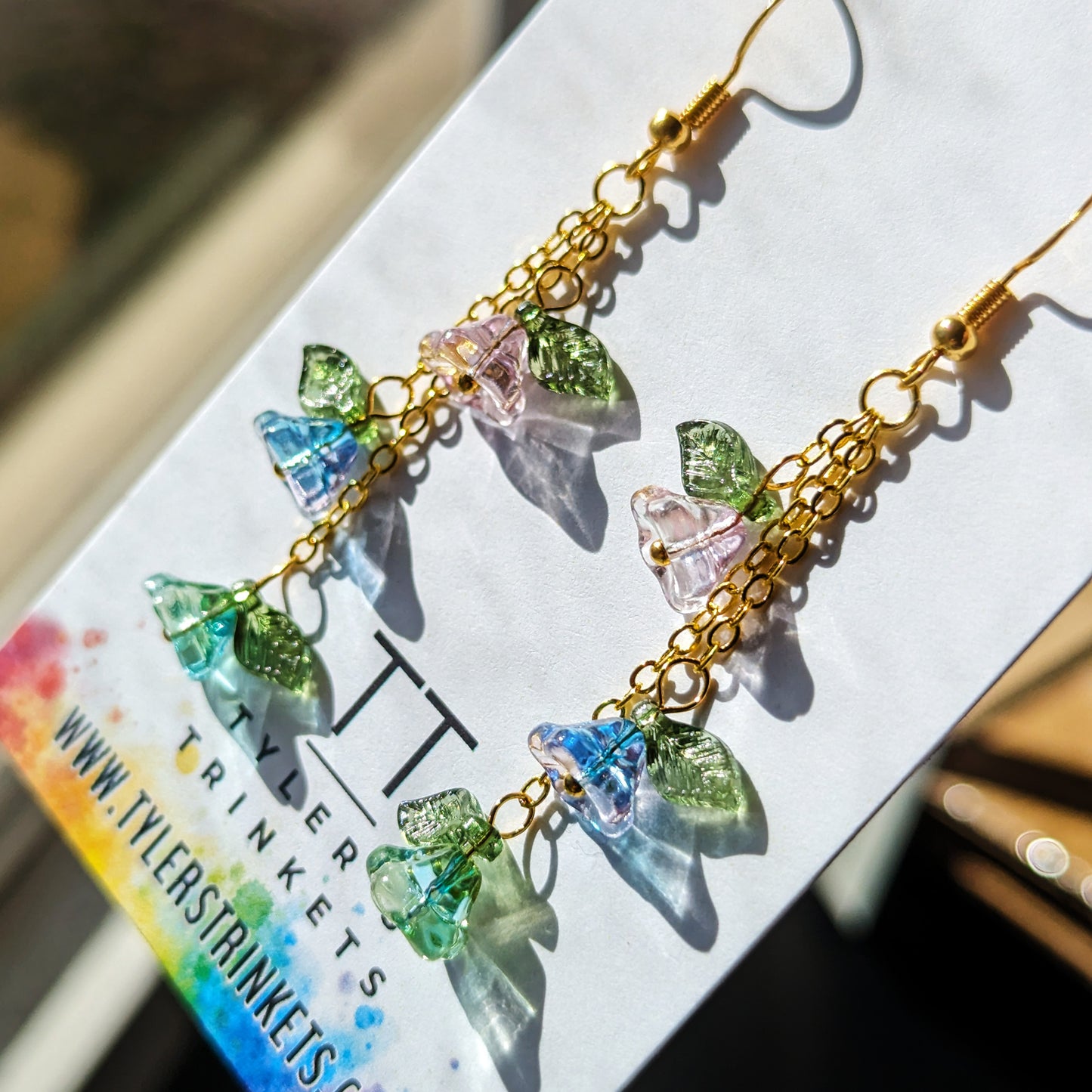 Glass Flower Dangle Earrings - Blue/Green/Purple