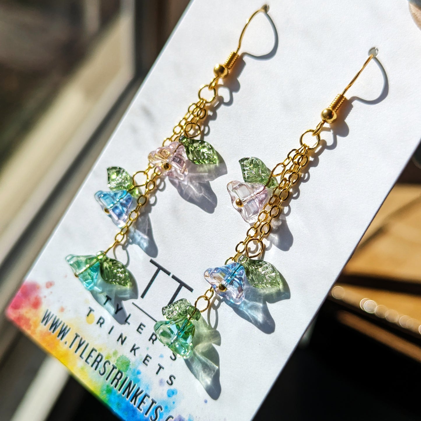 Glass Flower Dangle Earrings - Blue/Green/Purple