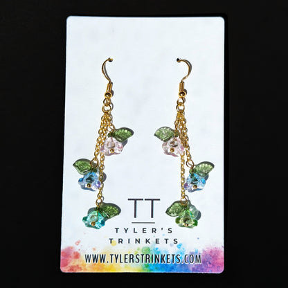 Glass Flower Dangle Earrings - Blue/Green/Purple