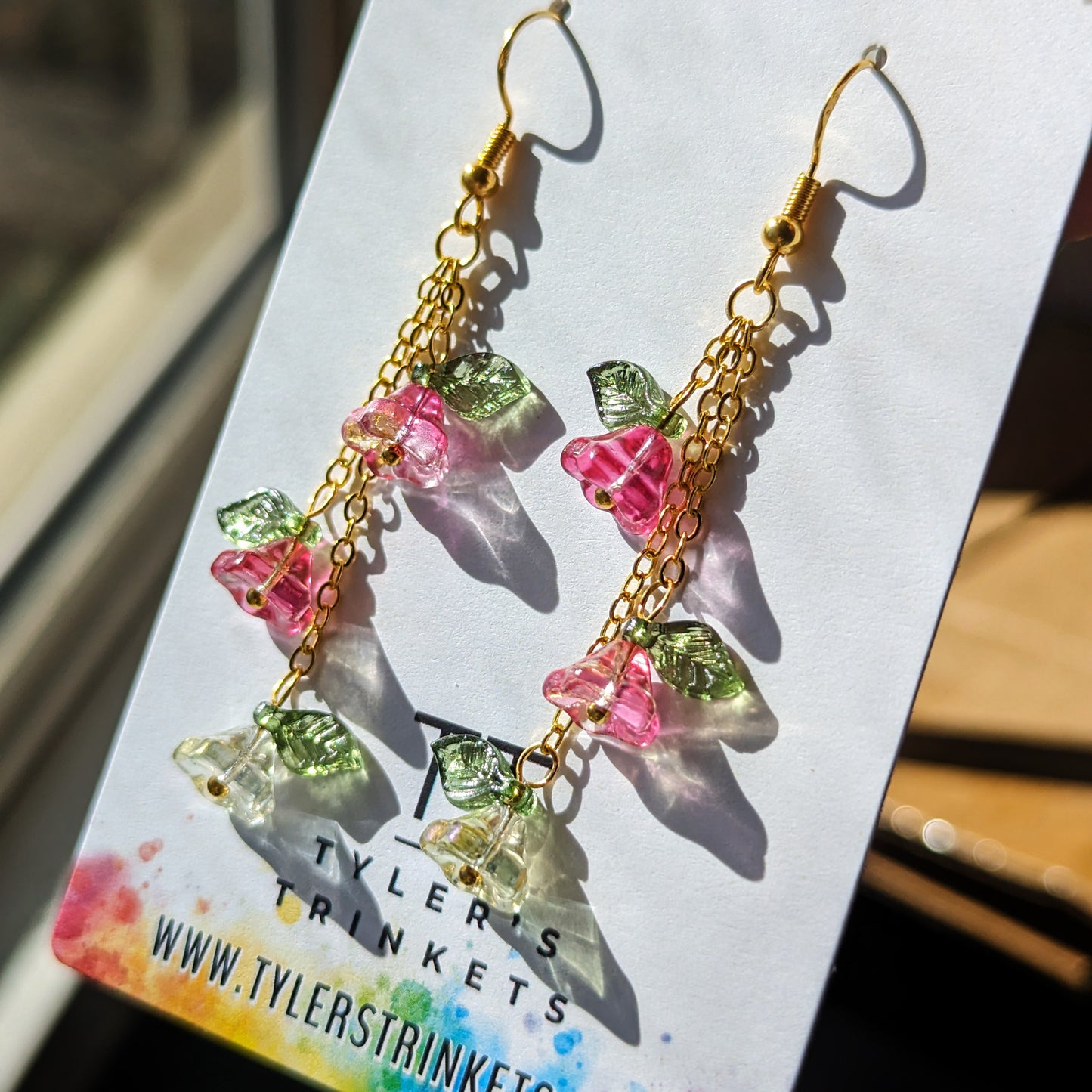 Glass Flower Dangle Earrings - Red/Pink/Yellow