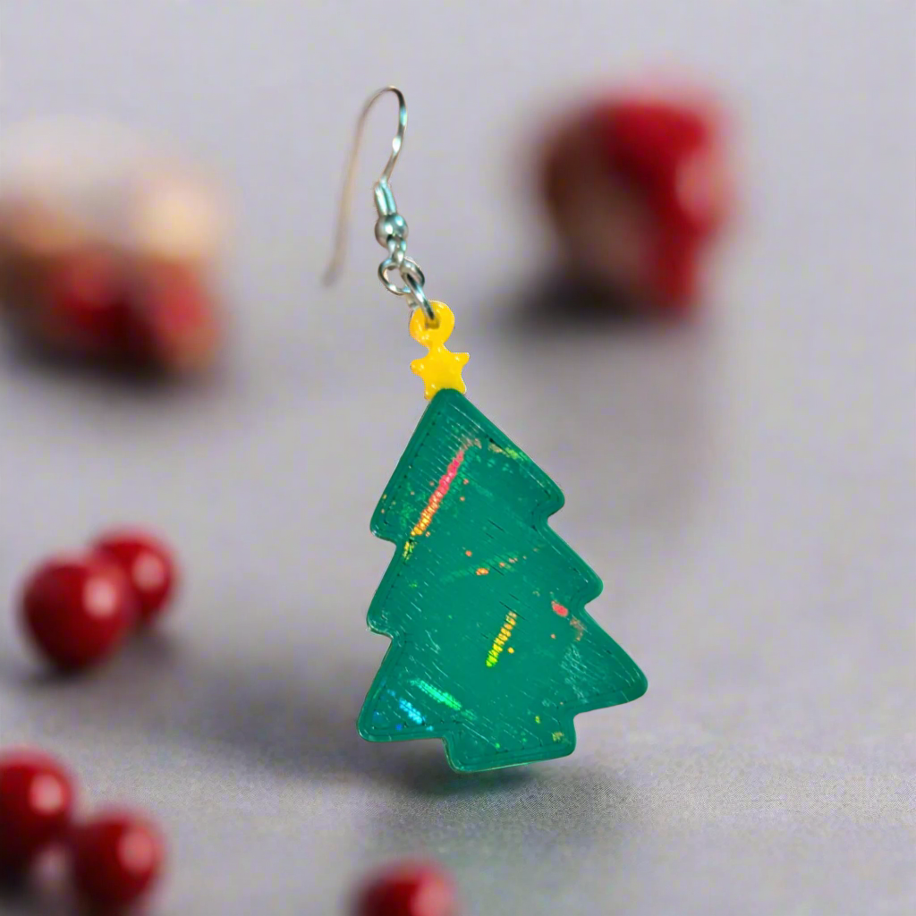 Green Holo Tree Dangle Earrings