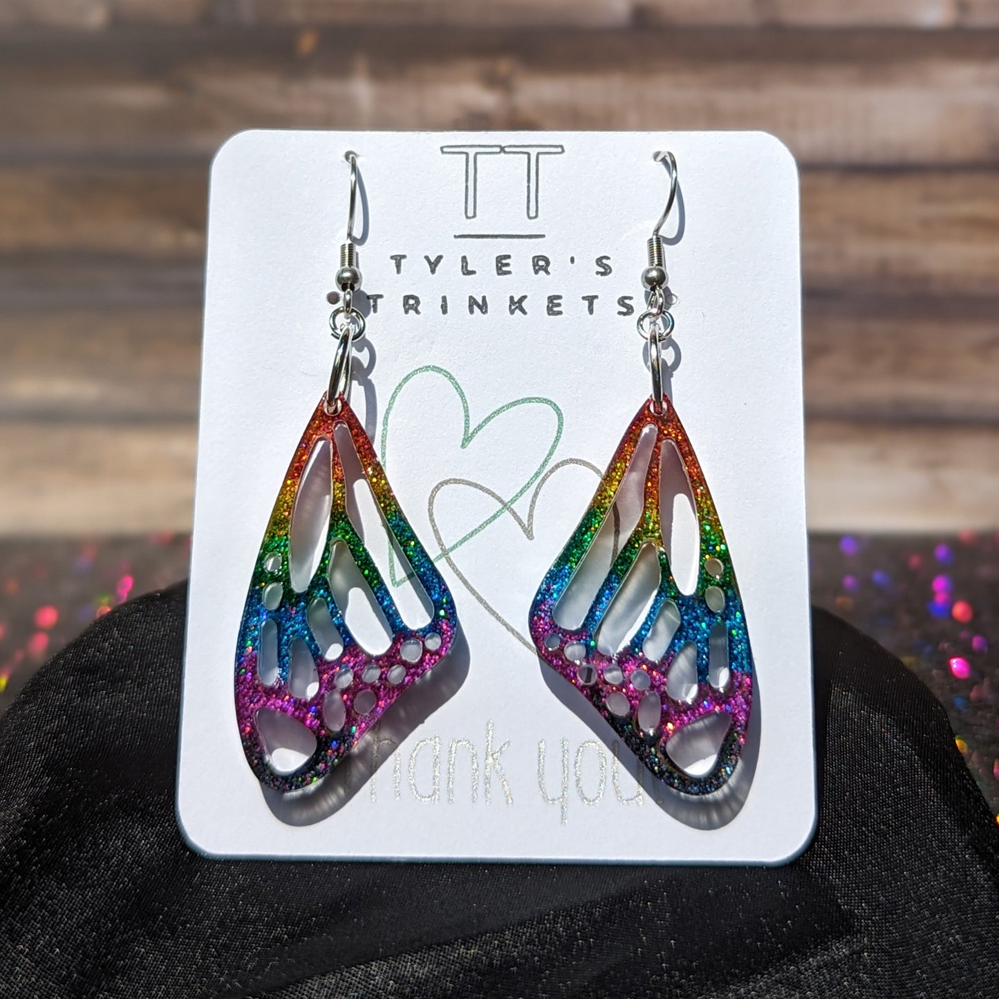 Fluttering Radiance - Rainbow Glitter Butterfly Wing Earrings